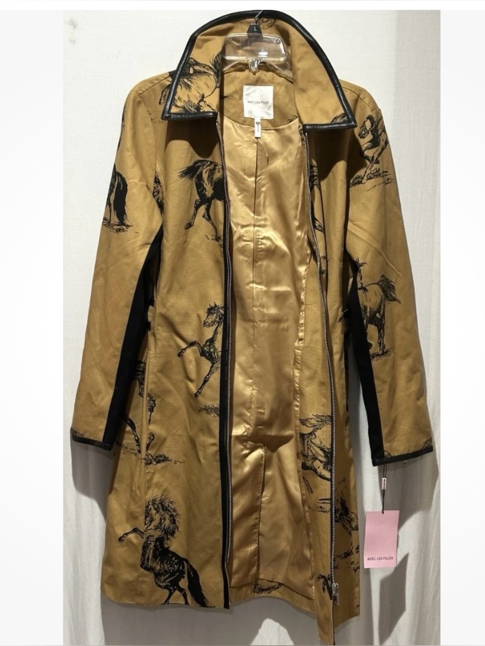 Avec Les Filles Tan Trench Coat with Black Horse Print - Size S - Picture 4 of 8